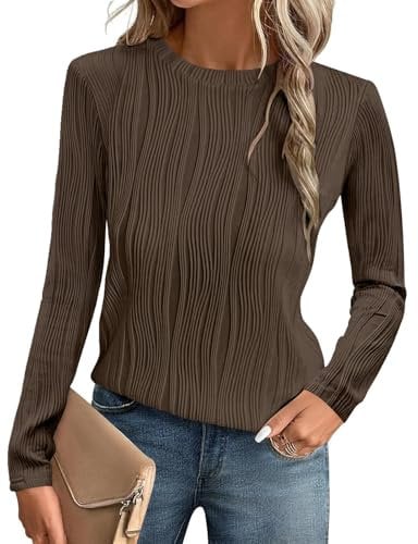 Gemulate Long Sleeve Knit Blouses Cute Summer Tops Casual cerwneck tee Shirts Ladies Knit Solid Clothes Womens top Fitted Shirt Fall Business Casual Outfits for Women Brown M