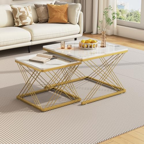 Montary Couchtisch Quadratisch 2er Set, 60 * 60 * 45cm & 45 * 45 * 40cm, couchtisch mit hochglänzender marmor Optik und höhenverstellbare Füße, bis 30kg belastbar,Nesting-Kombination Couchtisch