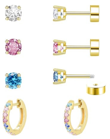 jagosen Flat Back Earrings 9ct Gold Plated Stud Hoop Earrings For Women Girls 4 Pair Cubic Zirconia Hypoallergenic Cartilage Helix Tragus Piercing Screw Back Sleeper Earrings(4 claws)