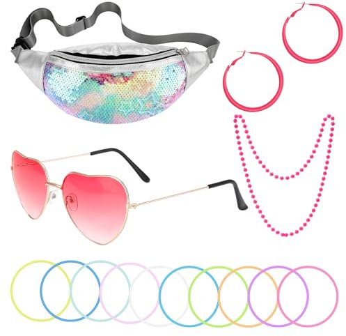 patinadrift 80er 90er Jahre Outfit Damen, 80er 90er Jahre Accessoires, Malle Outfit Damen Accessoires, mit Bauchtasche, Herzbrille Rosa, Halskette, Neon Ohrringe, Armbänder, Malle Party Outfit