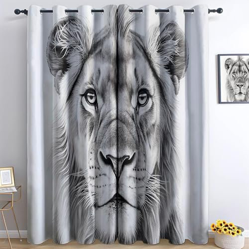 Bedruckte Vorhänge Schwarz und Weiß Vorhänge Blickdicht Afrika Tier Löwe mit Ösen Deko Gardinen H245 x B100 cm (2er Pack) Kälteschutz Winter Verdunklungsvorhänge für Schlafzimmer Wohnzimmer