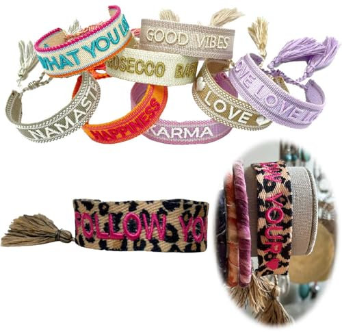 LS-LebenStil Exklusives Statement Armband - das Original - Quasten besticktes Boho Canvas Webarmband Damen Freundschaftsarmband Boho gewebt textiles Stoffarmband 16-20mm (LEO Follow Your Leopard Pink)