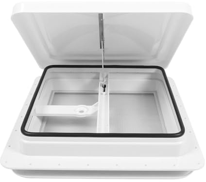 Trappe de Toit 14 Pouces avec Couvercle Blanc et Grille en Acier Inoxydable | Cadre monobloc en polyéthylène résistant ouverture standard 34x34cm compatible toit épaisseur 3,2-5,7cm tige support