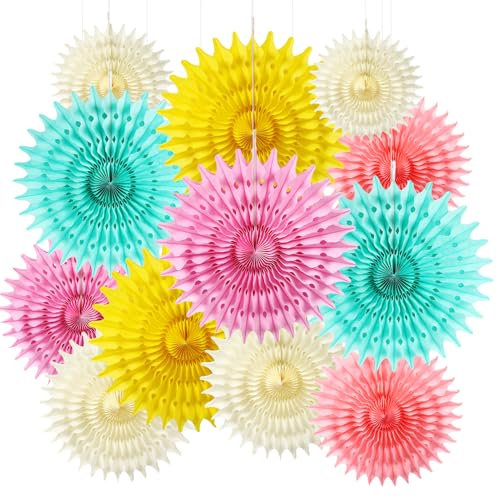 BestoFun 12 Stück Bunt Papier Fächer Set Beige PomPoms Tissue Blumen Grün Rosa Hängende Blumen Girlande Gelb Pfirsich Papier Fächer Dekoration für Partydeko Kinder Geburtstagsdeko Hochzeit Baby Shower