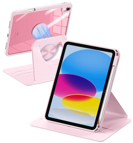 drivego 360 Rotating Case for iPad (A16) 11th Generation 11 Inch 2025/10th Generation 10.9 Inch 2022, Magnetic Detachable Cover with Pencil Holder for iPad 11/10 Gen, PC Clear Back, Pink