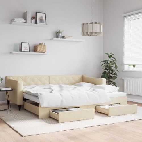 LAPOOH Tagesbett Ausziehbar mit Schubladen Creme 90x200 cm Stoff, Schlafsofa, Daybed, Bettsofa, Sofa Bed, Sofabett, Schlafcouch, Jugendbett, Bettgestell, Bettcouch - 3197466