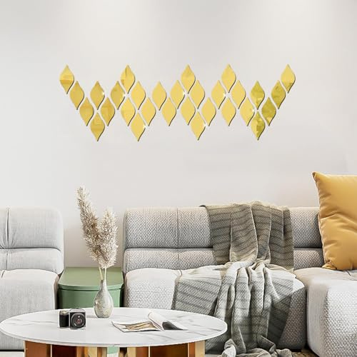 ASSRECT 30 Stück Spiegelfliesen Wandspiegel 15 x 8 cm, Tropfen Form Selbstklebend Spiegel, Acrylspiegel Innenwanddekoration für Zuhause Wohnzimmer Schlafzimmer Wandbild Sofa TV Hintergrund (Gold)