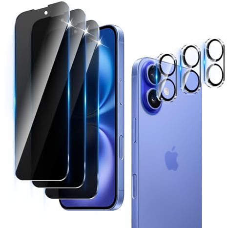 LZAYN 3+3 Pack Privacy Screen Protector for iPhone 16 Plus | with Camera Lens Protector,Anti-Spy Tempered Glass Film,9H Hardness,Anti-Scratch,Bubble Free,Easy Installation