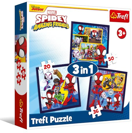 Trefl - Puzzle 20 bis 50 Teile 3-in-1: Spidey Spinnen und Dinosaurier, 3+ | Set mit 3 Puzzles, Märchenfiguren, Förderung von Konzentration und Beobachtungsvermögen, hohe Qualität