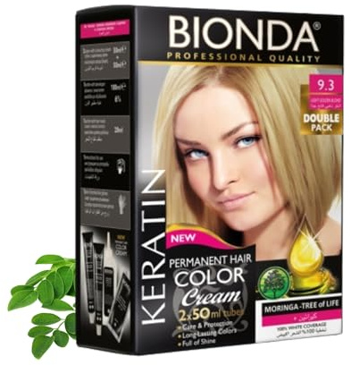 BIONDA Professional 9.3 Rubio Dorado Claro 200 ml Tinte Permanente | Tinte permanente 9.3 Rubio Dorado Claro con queratina y moringa, cobertura total de canas y color intenso de larga duración