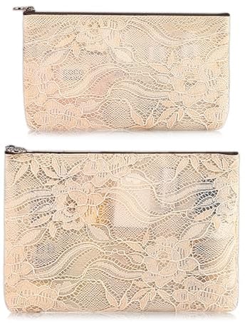BSITSSS Lot de 2 Trousse de Maquillage, Dentelle Pochette Maquillage Blanc, Dentelle Trousse de Toilette Makeup Bag à Glissière Portable Voyage pour Femme Fille