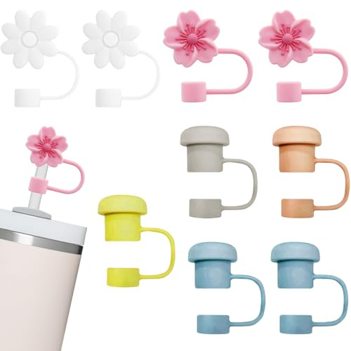 9pcs Silicone Straw Cap for Stanley Cup 20&40oz, Dust-Proof and Leak-Proof Reusable Straws Cover Tips for Stanley Cup 10mm 0.4in Straws, Flower (Six-Colored Straw Cap)