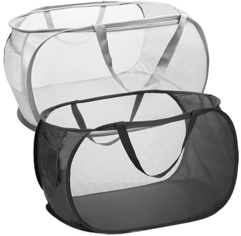 Qaestuan 2 Piezas Cesta Plegable, Cestas de Lavandería de Malla Respirable, Cesto para La Ropa Sucia con Asa Bolsas Prueba, Cesto Ropa Portátil, para el Baño, Dormitorio, Lavandería
