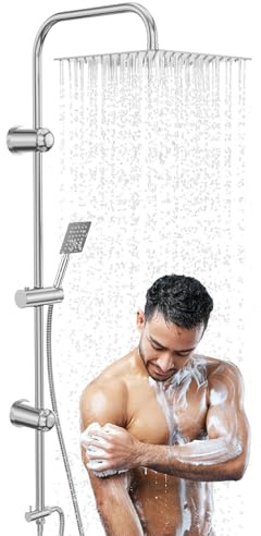 Kezidhp Colonna Doccia Idromassaggio Soffione Pioggia 30x30 Acero Inox | Saliscendi Doccia, Senza Miscelatore, Montatura a Parete Regolabile, Disegno Moderno, Fácil Instalación