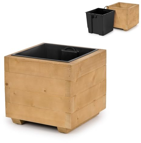 alfalux Blumentopf Holz - Pflanzkübel Übertopf Blumenkasten - mit Kunststoffeinsatz Herausnehmbar - 33 x 33 x 32 cm - Eiche 33KAN3332EI