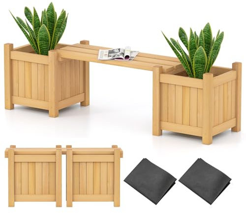 RELAX4LIFE 3-en-1 Jardinière Extérieur en Bois de Sapin, Banc de Jardin avec 2 Jardinières, Base à Lattes Amovible, Bac à Fleurs avec Doublure Fournie, Montage Modulable, pour Jardin Cour (Naturel,S)