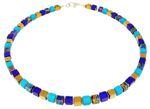 Generisch Collier Halskette Würfel Cube Glas blau petrol royal goldfarben Polaris Hämatit 095k