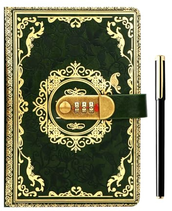DAJASD Diario Con Lucchetto, Quaderno Segreto Vintage Formato A5 Con Penna, 200 Pagine, in Pelle PU, Diario Segreto Con Lucchetto Per Donne, Uomini, Ragazzi, Idea Regalo, 21,8 X 14,7 Cm (verde)