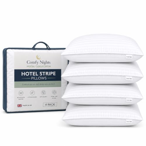 Comfy Nights Pillow 4 Pack Hotel Quality Stripe Bed Pillows Hypoallergenic & Anti Dust Mite Resistant Firm Support Side Sleeper Bounce Back Pillow (Pack of 4)