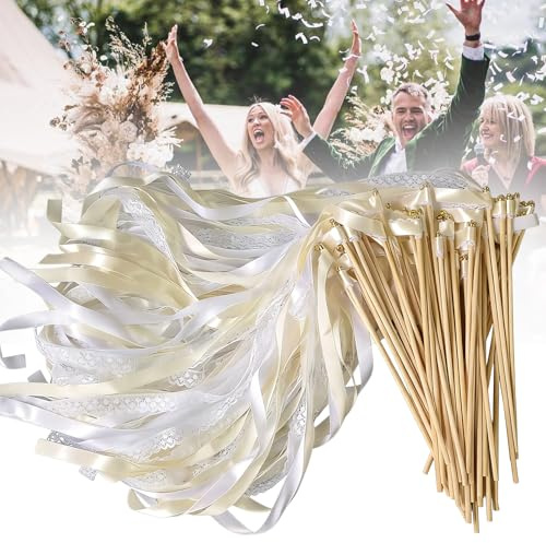 Lot de 50 baguettes magiques serpentins de mariage avec clochettes et rubans en dentelle et satin, baguettes porte-bonheur pour mariages, anniversaires, fêtes, fêtes de vacances