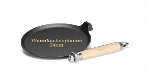 rukauf Padella per crepes in ghisa, diametro 24 cm, per cottura a induzione, manico in legno rimovibile, padella in ghisa non rivestita, padella per crêpes