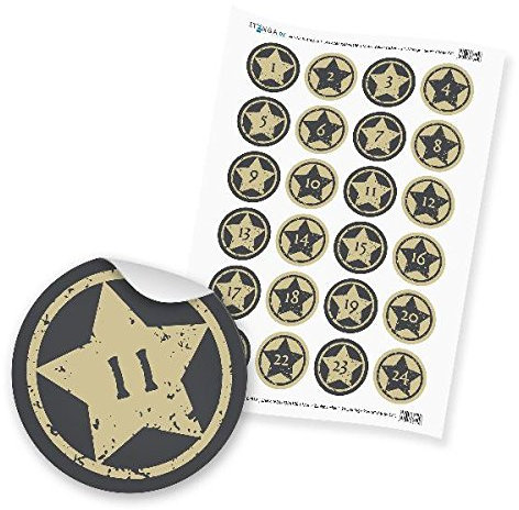 itenga Zahlensticker Z21 Adventskalenderzahlen 1-24 Vintage Sterne/Grau Beige Hochglanz Aufkleber