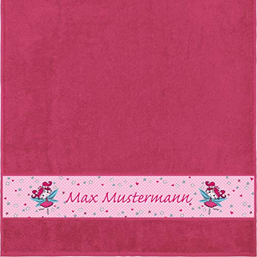 Manutextur Duschtuch mit Namen - Motiv Kinder - Fee - viele Farben & Motive - personalisiert - Fuchsia - Größe 70x140 cm - persönliches Geschenk