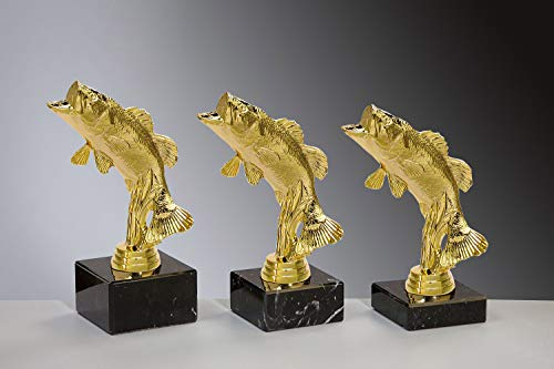 Henecka 🎣 Angler-Pokal, Angeln-Figur Fisch-Trophäe, Barsch Gold, Marmorsockel schwarz, mit Wunschgravur, wählbar in 3 Größen oder als 3er-Serie (Sockel 65 x 30 mm)