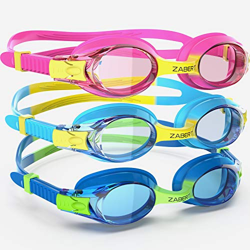 ZABERT K20 Swimming Goggles for Kids Toddler Youth Girls Boys Junior Jr Childrens Child Little Age 3 4 5 6 7 8 9 10 Years Anti Fog Blue Yellow Green Pink Clear, 3 Pack