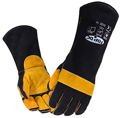 TOPDC Welding Gloves 16 Inches 932℉ Fire/Heat Resistant Leather Welding Gloves For Mig, Tig, Stick, Forge, BBQ, Grill, Fireplace, Wood Stove, Furnace, Oven, Animal Handling for Safe, Loving Pet Care