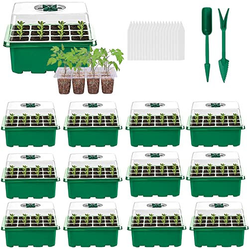 VDYXEW Plateau de démarrage de semis (12 cellules par Plateau), kit de Germination de Plantes à humidité réglable, Mini Serre de Propagation avec dôme et étiquettes de Base, kit d'outils à Main (lot