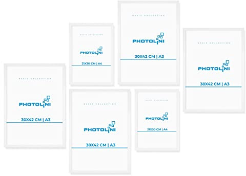 PHOTOLINI weiße Bilderrahmen Set verschiedene Größen, 6 Bilderrahmen weiß Holz MDF, Bilder Rahmen mit Acrylglas, No.8 Bilderrahmenset zum Aufhängen, Fotorahmen Set mit Zubehör für Fotos & Poster