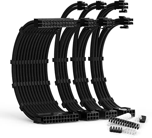 ABNO1 PSU Cable Extension Kit with Two Sets of Cable Combs 1x24Pin/1x8Pin(4+4) EPS/2x8Pin(6P+2P) PCI-E/ 30CM Length,PC Sleeved Cable for ATX Power Supply(Black)