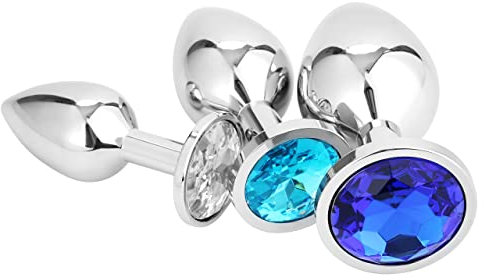 Belmalia 3x Plug Anal Metálico | Butt Plug Cristal Azul | Pura Placer en 3 Tamaños para Mujeres, Parejas, Hombres | Juego Plugs Anales Plata