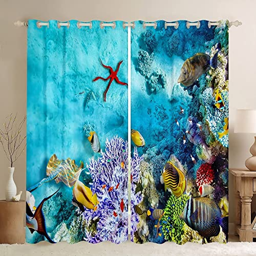 Vorhang Unterwasserwelt Blickdicht Gardinen mit Ösen 3D Druck Meereslebewesen Blickdichte Vorhänge Wärmeisolierend Korallenfische Vorhang Wohnzimmer Schlafzimmer 2 Stück 75x166 cm (BxH)