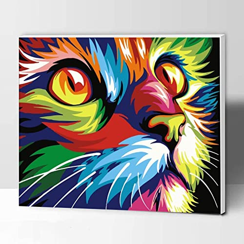 KOMKING Kit de peinture par numéros à faire soi-même pour enfants et adultes avec cadre, peinture acrylique par numéros sur toile, chat coloré 30,5 x 40,6 cm