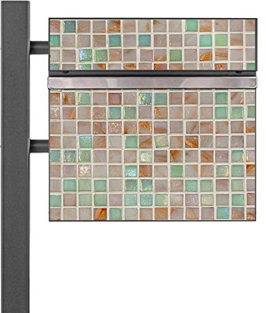 banjado® Standbriefkasten Anthrazit mit Motiv Grüne Fliesen & Zeitungsfach/Briefkasten mit Standfuß in Anthrazit/Postkasten A4 Einwurf inkl. Montagematerial & 2 Schlüsseln