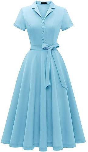 Wedtrend Robe vintage à manches courtes pour femme, robe de cocktail, de fête, de travail, d'église, décontractée, bleu, Taille XL