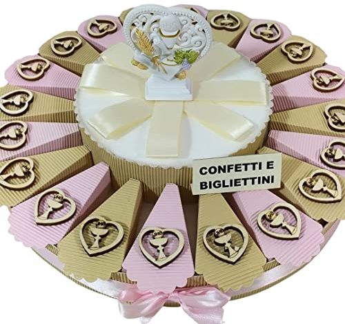 Torta bomboniere comunione bambina cuori in legno con calice + centrale cuore albero della vita confetti e biglietti inclusi (20 fette)