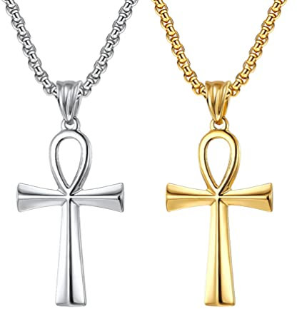 Liitata 2 Stück Ägyptische Ankh Kreuz Anhänger Halskette Koptisch Ankh Kreuz HalsketteRock Gothic Punk Hip Hop Kette Talisman Halsketten für Männer - Gold Silber