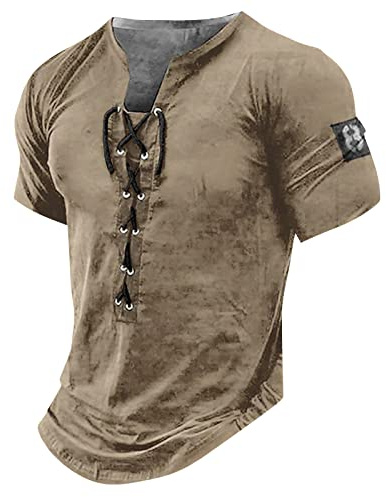 LUNULE T-Shirts FüR Herren MäNner Mittelalter Retro SchnüRen Henley Shirt V-Ausschnitt Kurzarm Vintage Casual Tshirts Sommer Outdoor Regular Fit Trainingsshirt LäSsig Lose Freizeithemd Sweatshirt