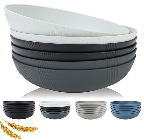 PYRMONT Wheat Straw Salad Bowls - 65oz Large Pasta Bowls - 10 Inches Serving Bowl Set of 6 - Wide and Shallow Bowl for Kitchen - Dishwasher Safe - Black to Grey