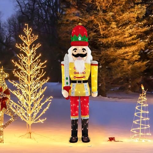 GYMAX 166 cm Weihnachten Nussknacker Figur, Weihnachtliche Nussknackerfiguren mit 100 warmweißen Lichtern & Bodenspikes, Weihnachtsdeko für außen & innen