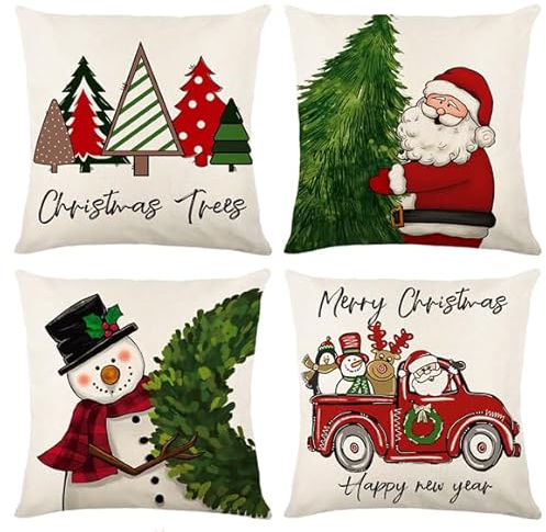 Joyoldelf 4er Set Kissenbezug Weihnachten - Weihnachtsbaum Schneemann Weihnachtsdeko Leinen Kissenbezüge 45x45 cm, Geeignet für Schlafzimmer Sofa Wohnzimmer Büro Kissenhüllen Deko (Rot)
