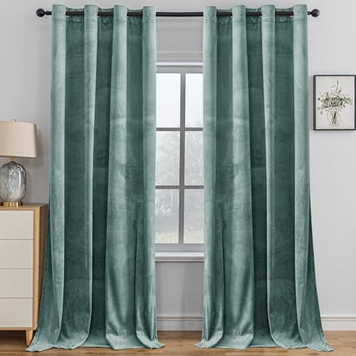 YSTELLAA Gardinen Samt 2er Set, 140×145cm, Thermovorhang Kälteschutz Mit Ösen, Vorhang Blickdicht Wohnzimmer Modern, Thermovorhang Schlafzimmer, Blackout Schallschutz, Grün