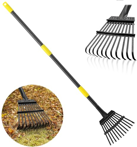 Rake for Leaves, Leaf Garden Rake, Yard Rakes for Lawns Heavy Duty, Metal Tools with 9 Small Narrow Head, 37”-79” Adjustable Long Handle, 11 Steel Tines, Quick Clean up Tool for Shrub, Camping