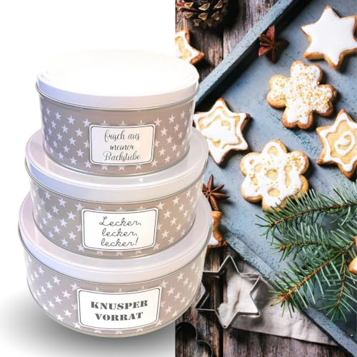 Bada Bing 3er Set Keksdose Metall mit Deckel - runde Plätzchendose Knuspervorrat beige WEISSE STERNE - dekorative Weihnachtsplätzchen-Box - Weihnachtsdose