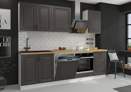 Landhaus Küche Stilo Grau 250 cm Küchenzeile Küchenblock Einbauküche erweiterbar