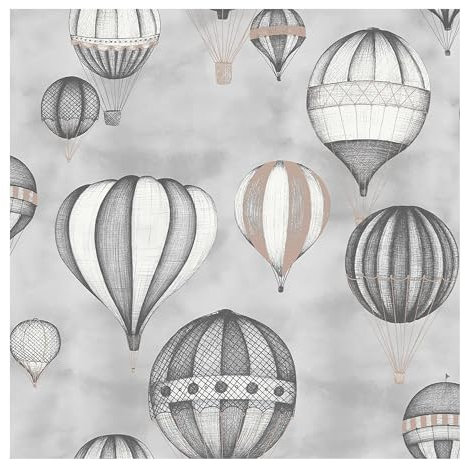Sublime Up, Up and Away Balloon Grey Wallpaper - Paste The Wall - Natural/Grey Wallpaper - Contemporary Designed Antique Balloon Design - Feature or 4 Wall Design - Cover for Small Cracks