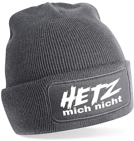 Herzbotschaft Beanie Strickmütze mit Spruch | Hetz Mich Nicht | grau | Unisex SoftTouch angenehm weiche und warme Wintermütze | OneSize Einheitsgröße für Erwachsene